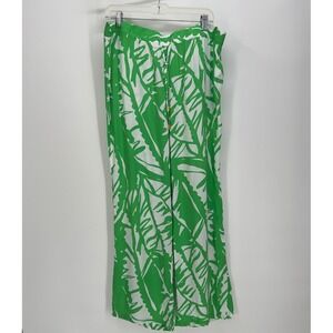 Lilly Pulitzer Green White Palm Leaf Print Wide Leg Pants Elastic Waist Resort